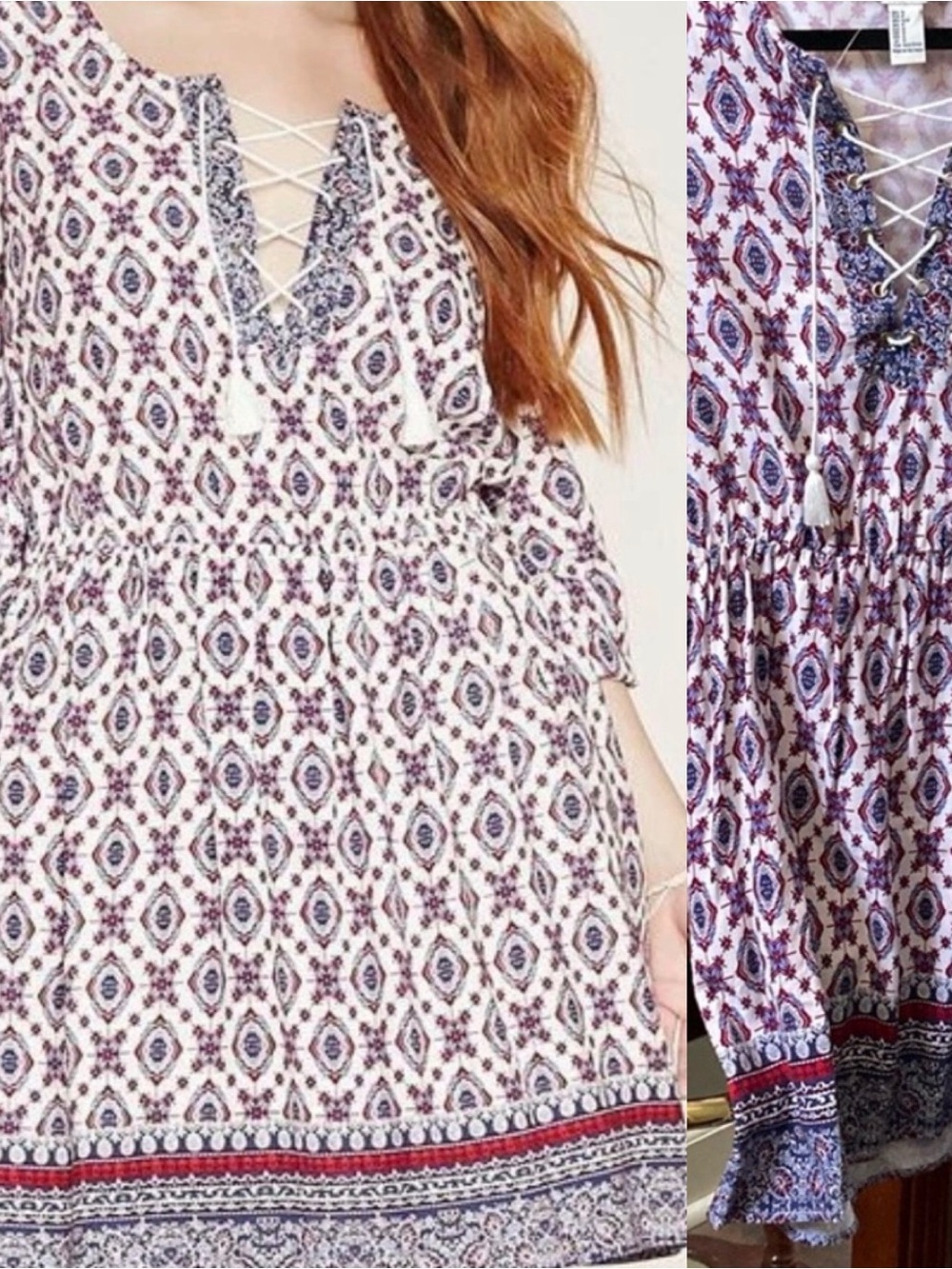 Forever 21 dress small red white blue Multi 3/4 Sleeves boho Ornate Lace Up